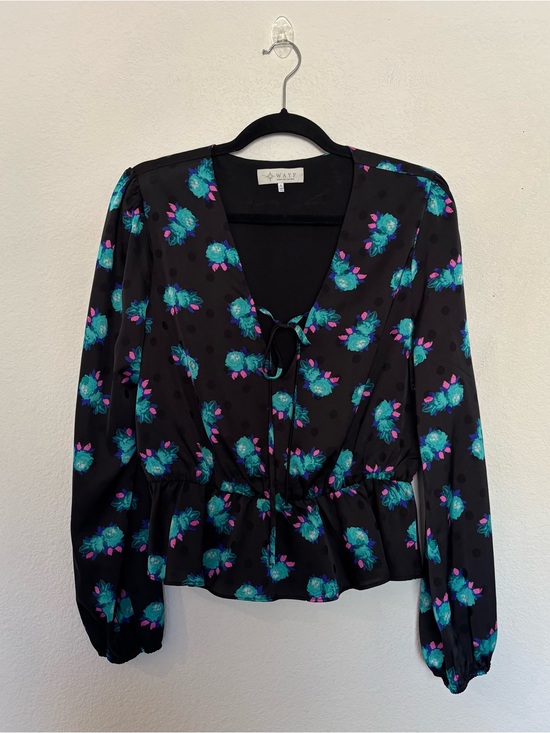 Wayf Tops - WAYF Floral Polka Dot Peplum Long Sleeve Blouse